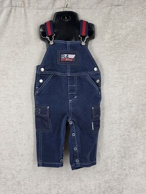 Weebok Y2K Kids Navy Blue Overalls with Red Straps Cargo Pockets
